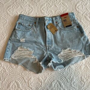Levi’s High Rise 501 Light Wash Distressed Denim Shorts